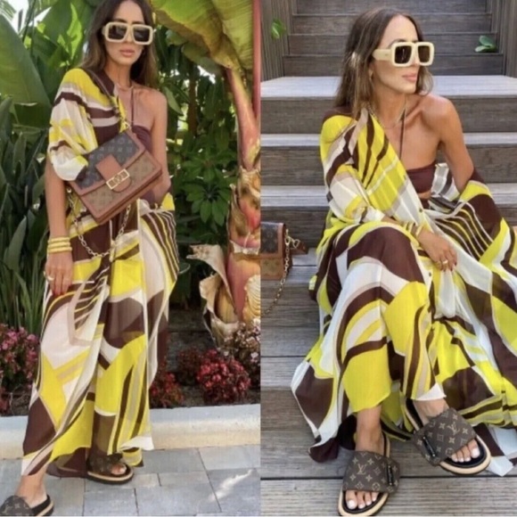 Zara Swim Cover Up Kaftan Sheer Retro Geo Print Loose Boho Pattern Beach Medium - Picture 2 of 15